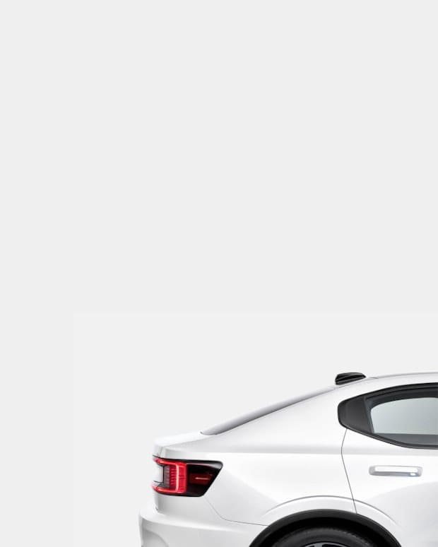 Side view of rear part of white Polestar 2
