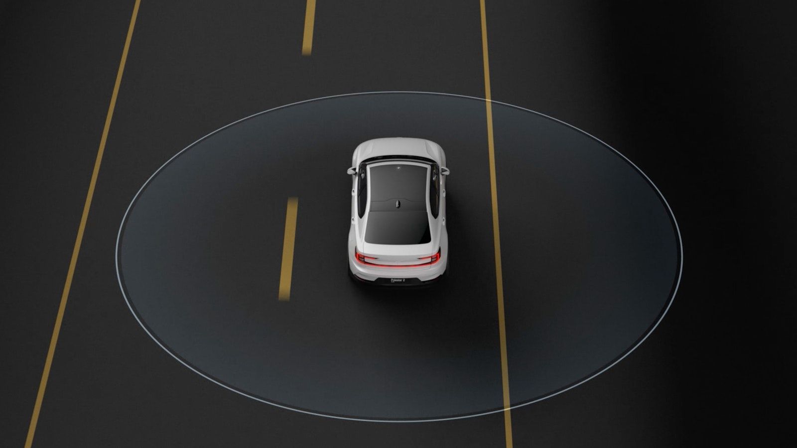 Animation of Polestar 2 on road with 360º camera visibility