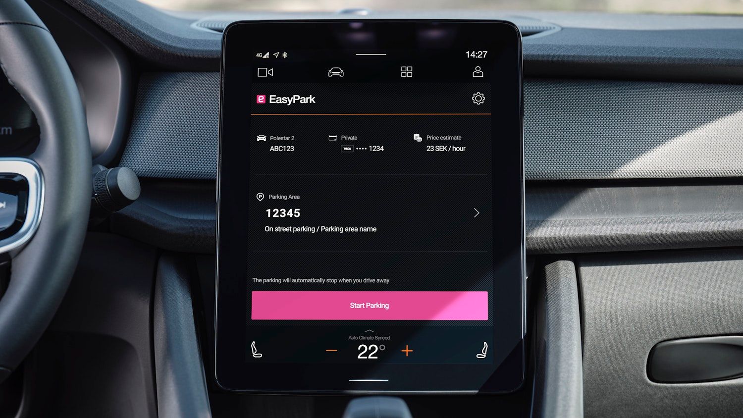 In-car display showing features of the EasyPark app