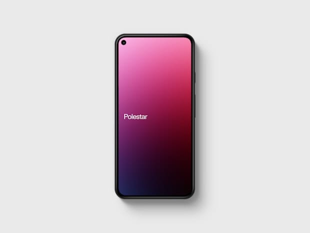 Smartphone against white background with pink screen saying Polestar