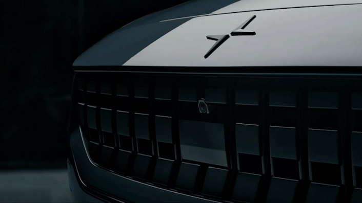 The grille of a black Polestar 2.