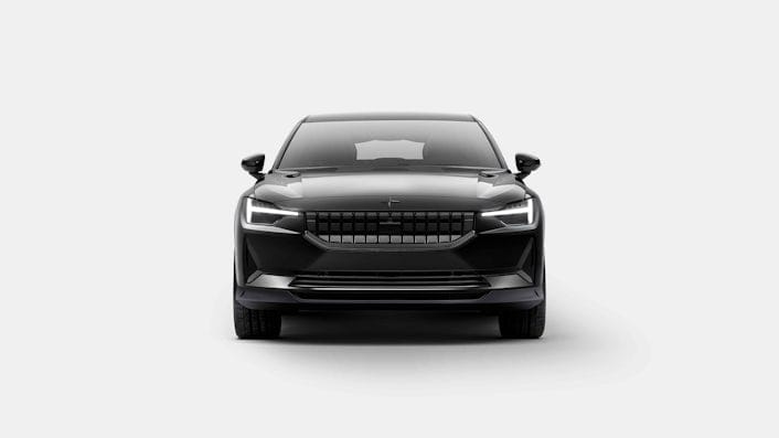 Front view of a black Polestar 2 on a white background.