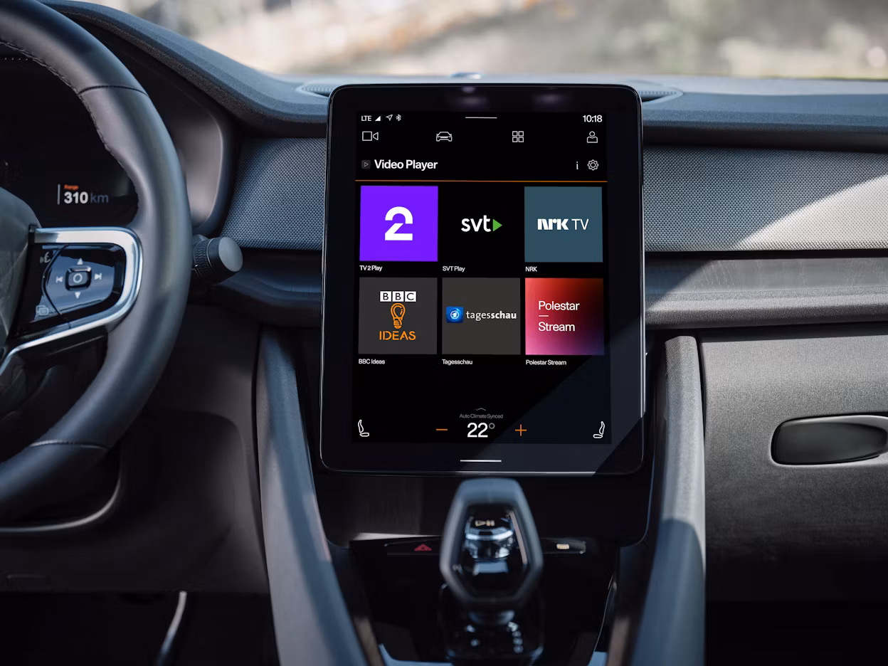In-car display in a Polestar car showing Video Player apps.