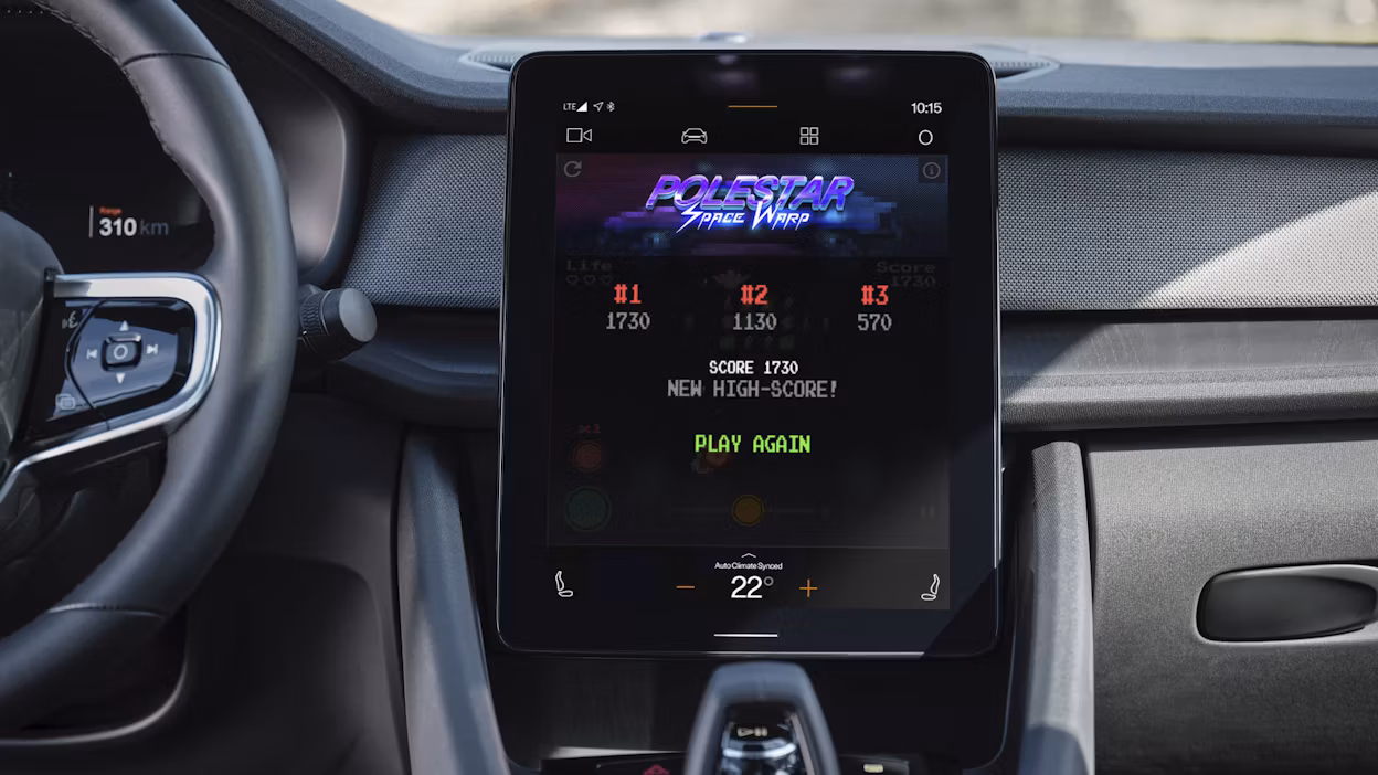 In-car display in a Polestar car showing the Space Warp game.