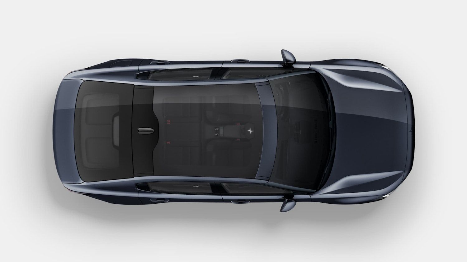 Dark blue Polestar 2 from above showing panoramic roof 
