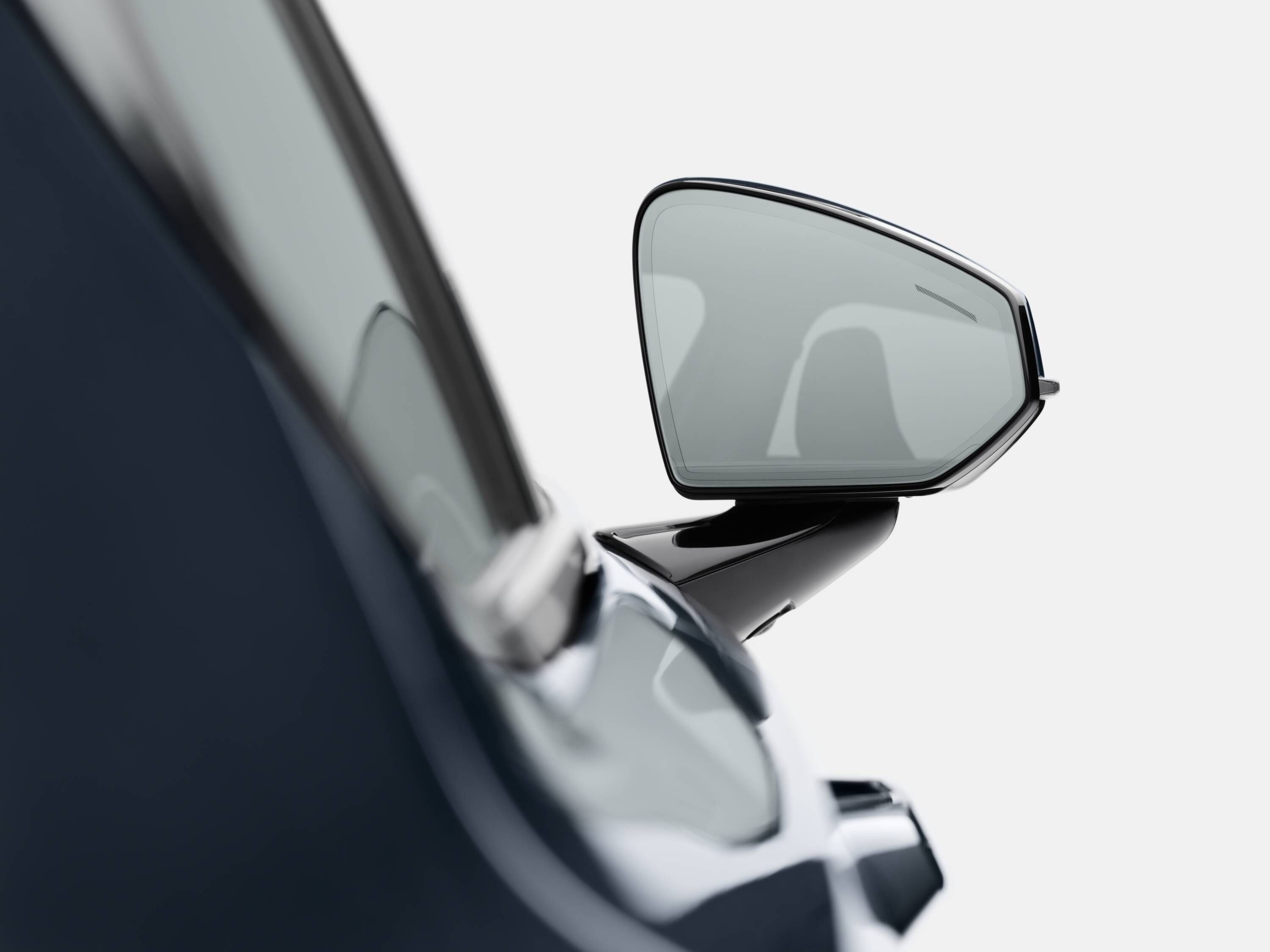 Exterior side mirror of Polestar 2 from the back of the car
