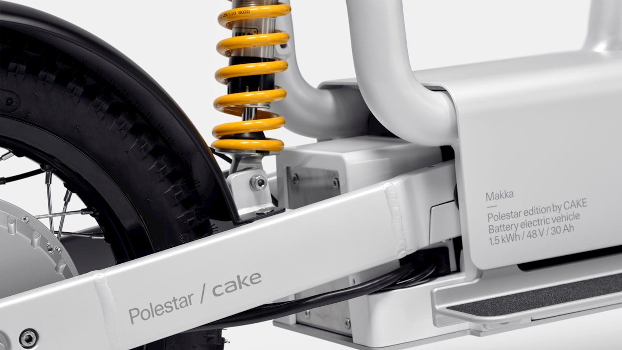 Close up of a Öhlins rear shock on a Polestar Cake bike
