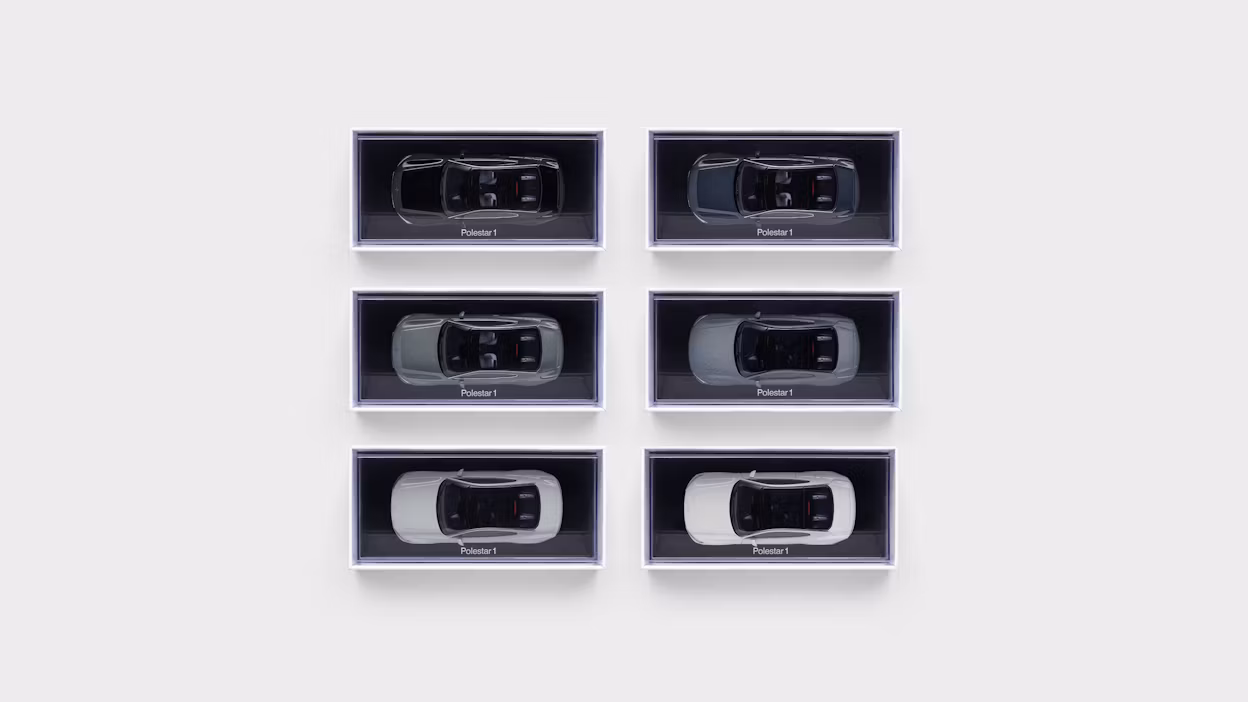 Scale models of Polestar 1 in six different colors.