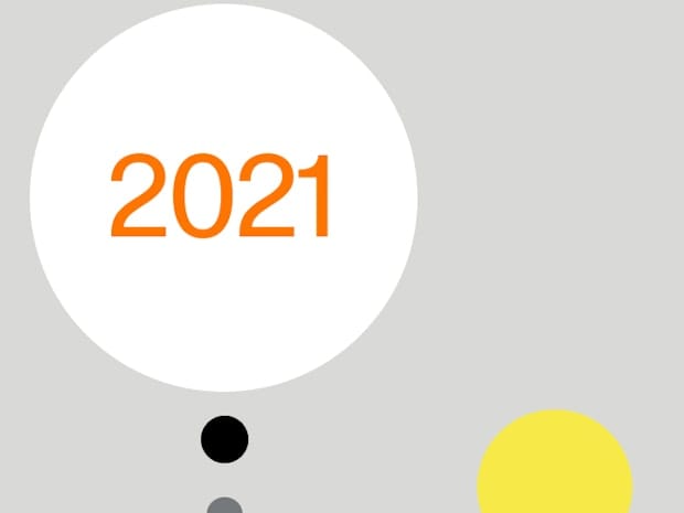 Graphic image with dots in different sizes and colors with year 2021 marked