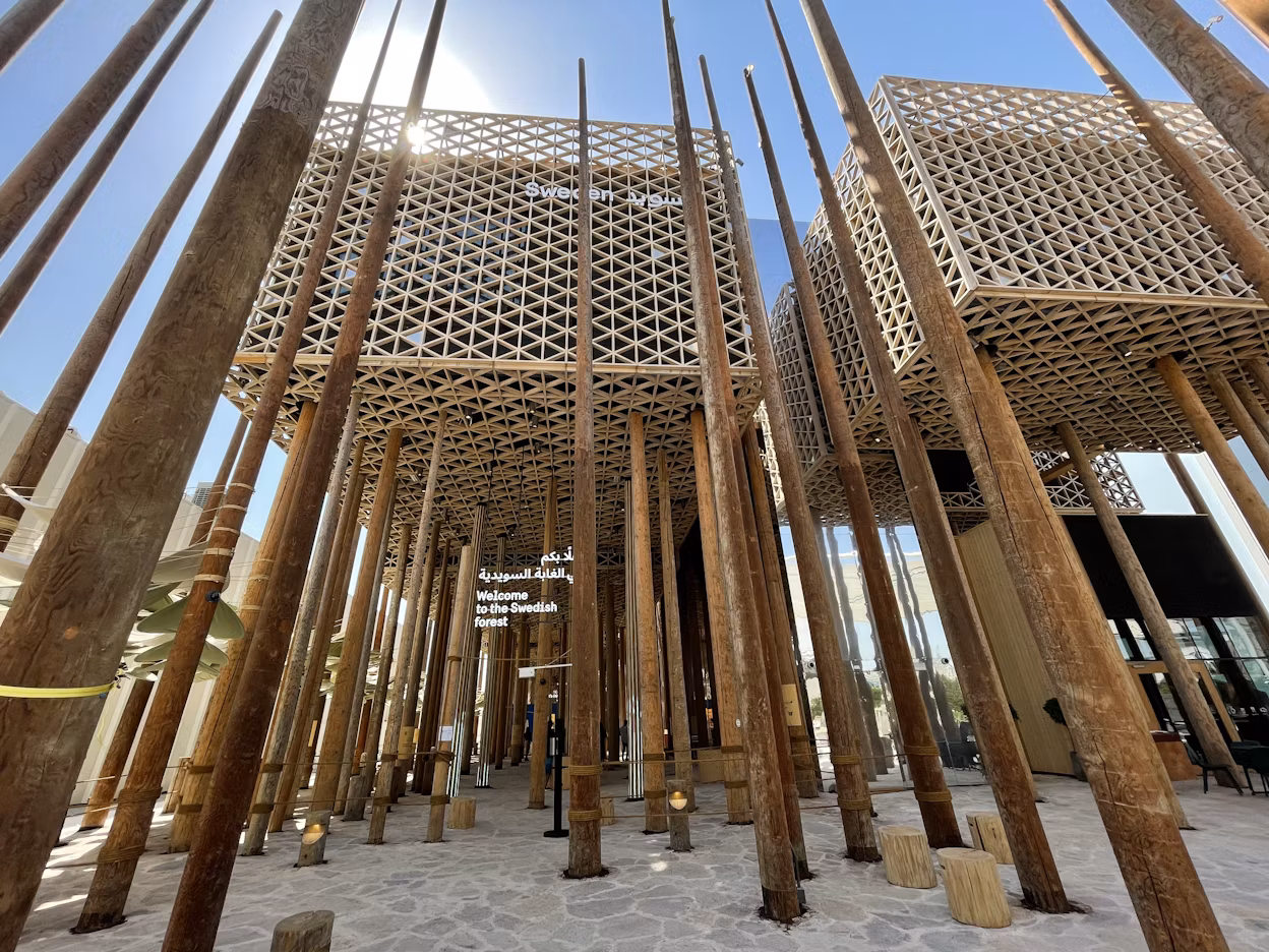 Modern wooden building with sleek lines and futuristic design.