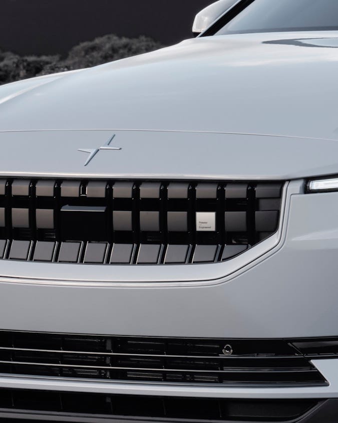 Front grid of a white Polestar 2