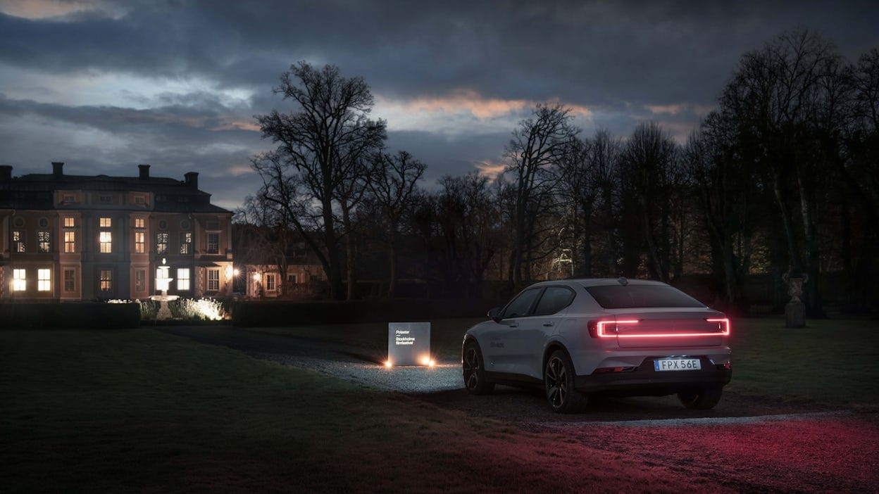 Rear view of a Polestar 2 on the driveway up to Steninge Palace.