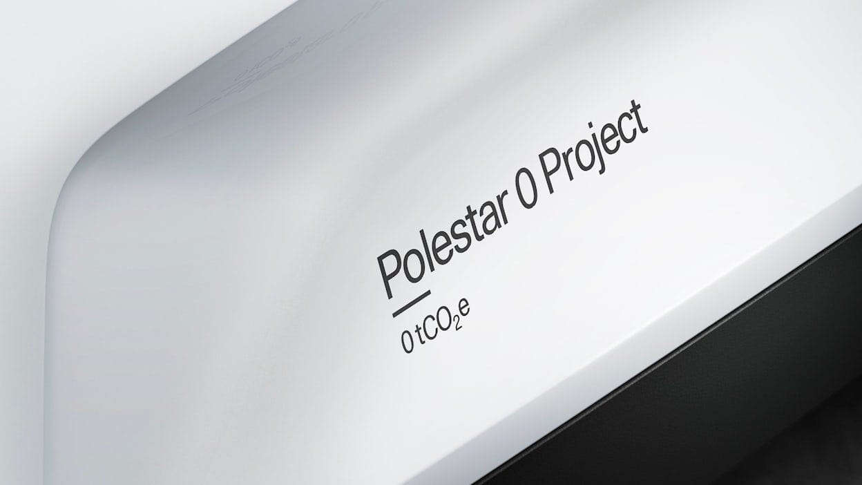 Text on a white Polestar 2 saying Polestar 0 project 