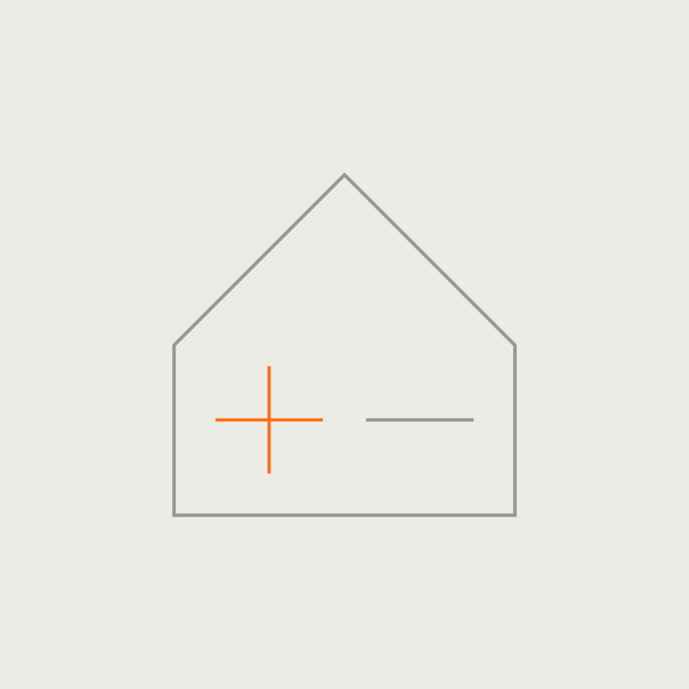 Graphic illustration of a line-drawn house with a plus and minus sign inside