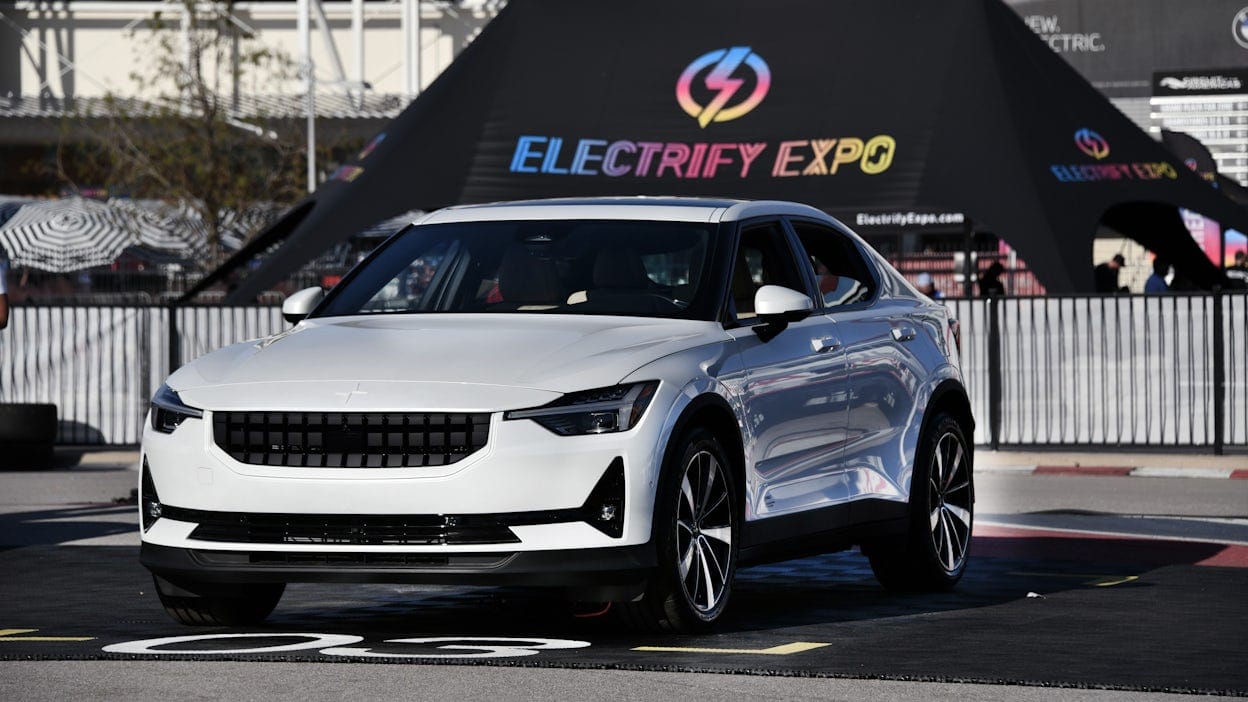 Polestar 2 in Magnesium Grey displayed at Electrify Expo.