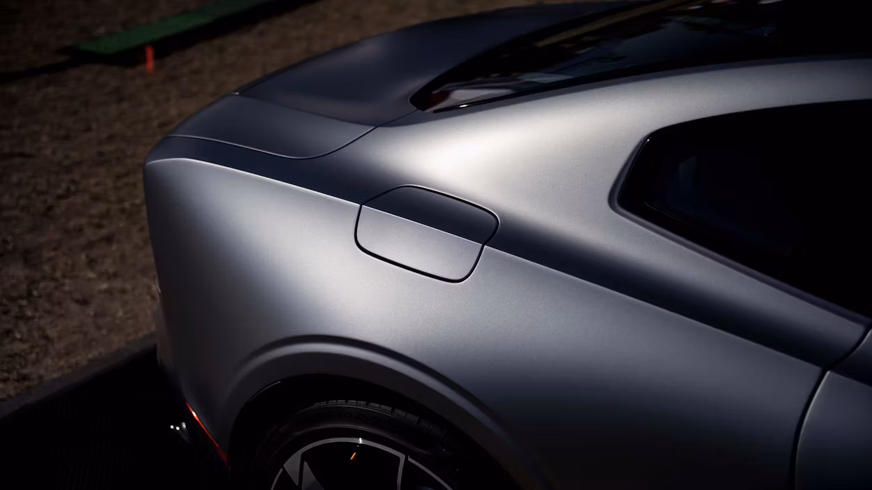 Close-up of the Polestar 1 in Thunder Grey at Electrify Expo 2021.