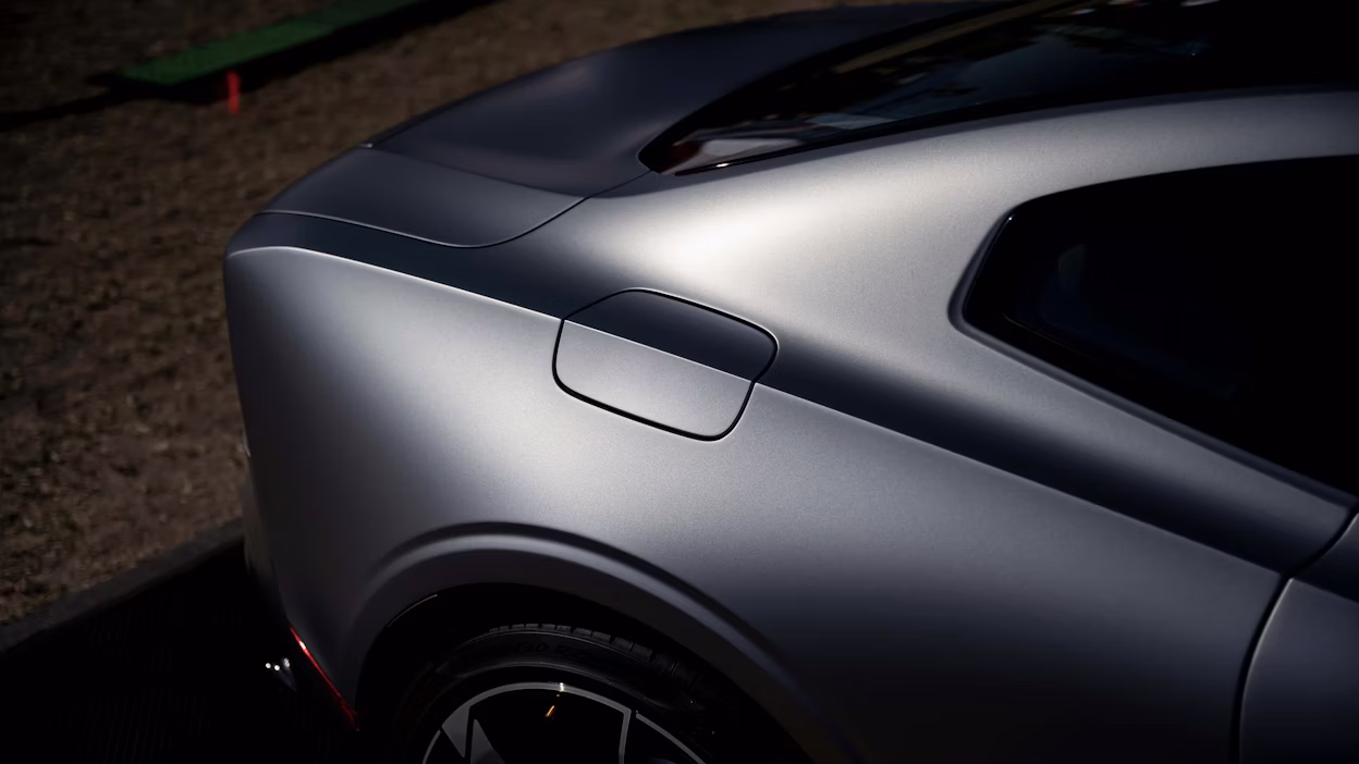 Close-up of the Polestar 1 in Thunder Grey at Electrify Expo 2021.