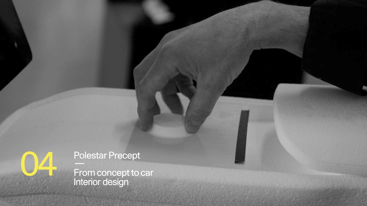 A screenshot from the Precept documentary series saying Polestar Precept, From concept to car, Interior design.