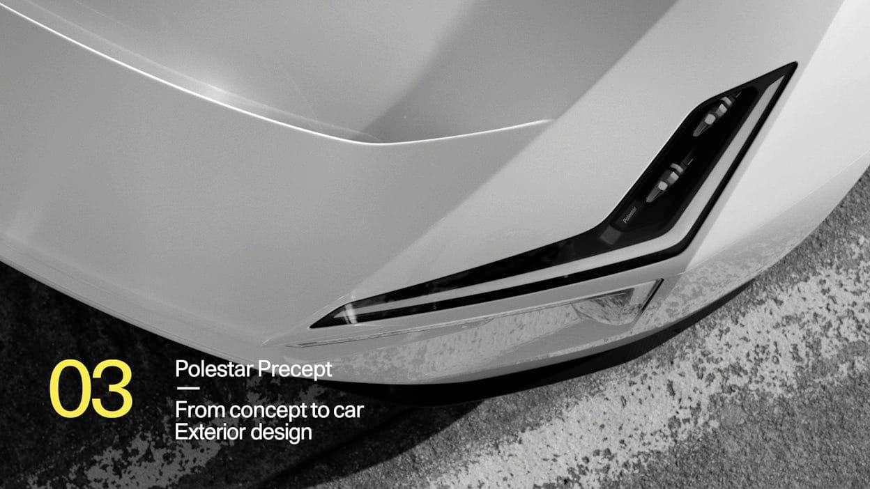 A screenshot from the Precept documentary series saying Polestar Precept, From concept to car, Exterior design.