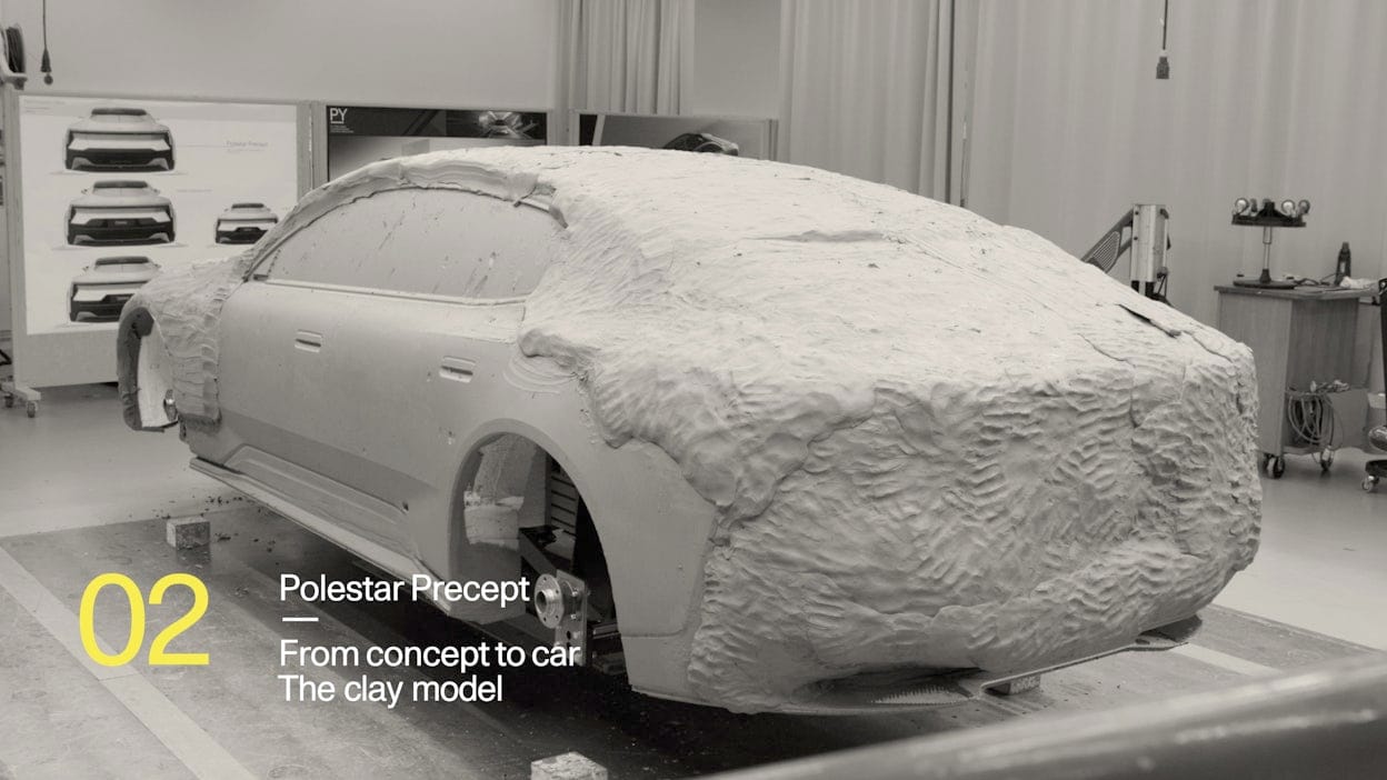 A screenshot from the Precept documentary series saying Polestar Precept, From concept to car, The clay model.