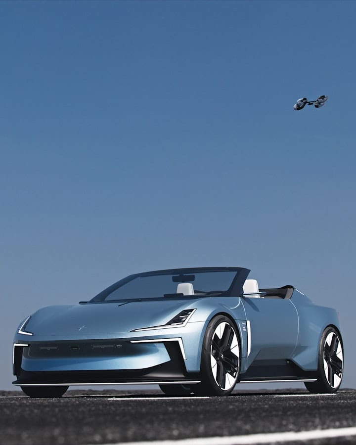 Polestar o2 parked with blue sky and drone in background