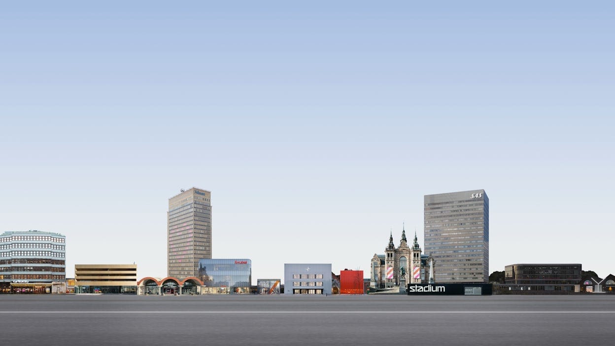 A collection of buildings in a far distance showcasing the various brands SDL has designed.