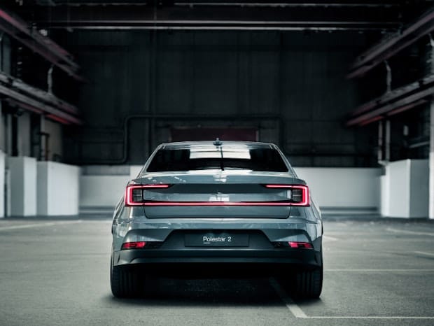 Parking garage with a single Polestar 2 with tinted rear window