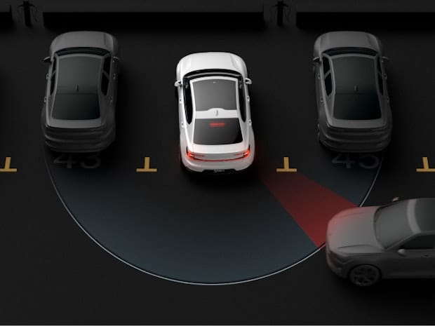Visualisation of Cross Traffic Alert with brake support. A white car reversing from a parking spot whilst another is passing behind.