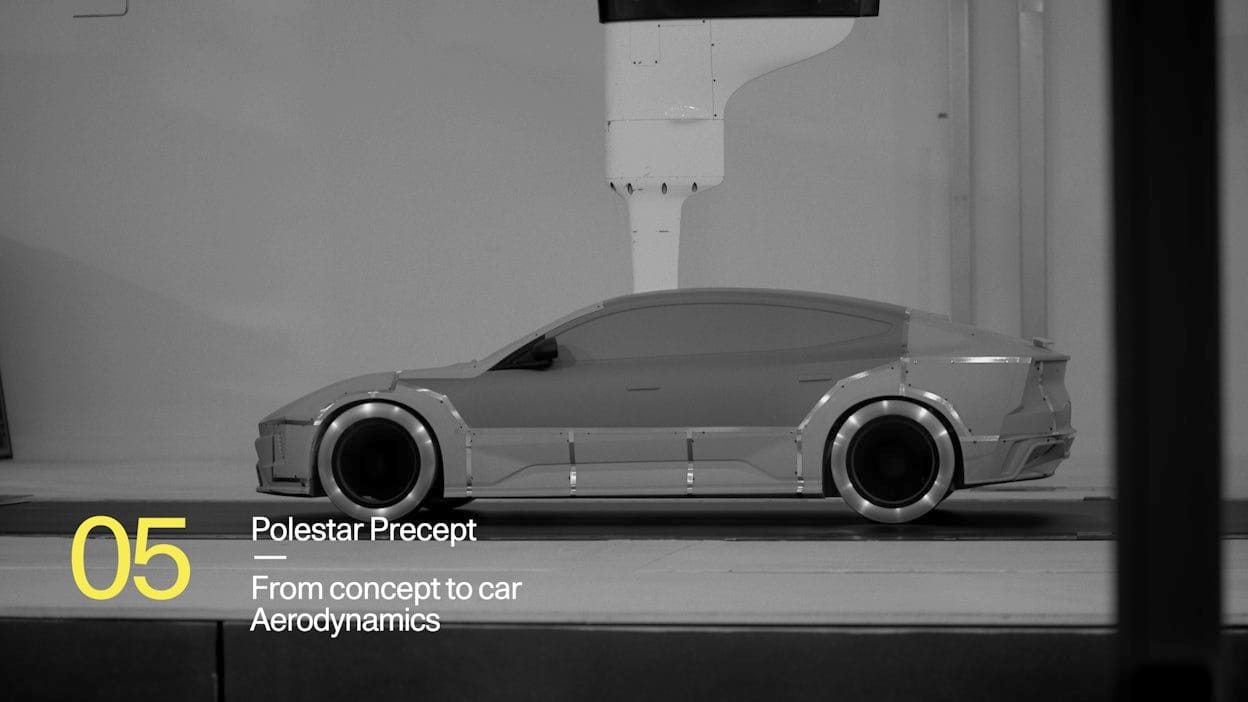 A screenshot from the Precept documentary series saying Polestar Precept, From concept to car, Aerodynamics.