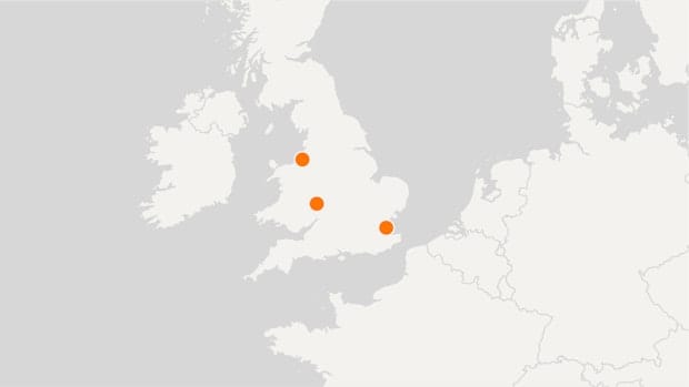 Map of UK with Polestar locations indicated as orange dots