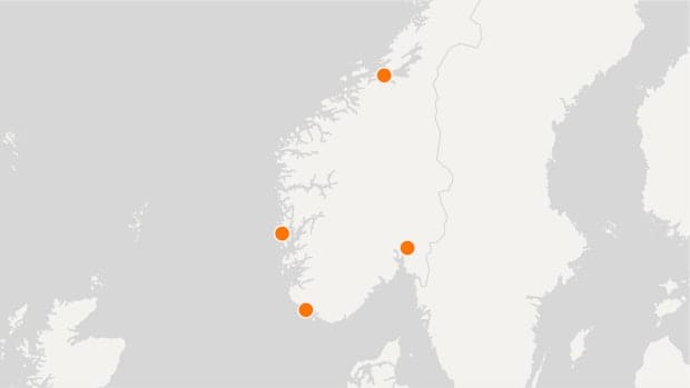 Map of Norway with Polestar locations indicated as orange dots