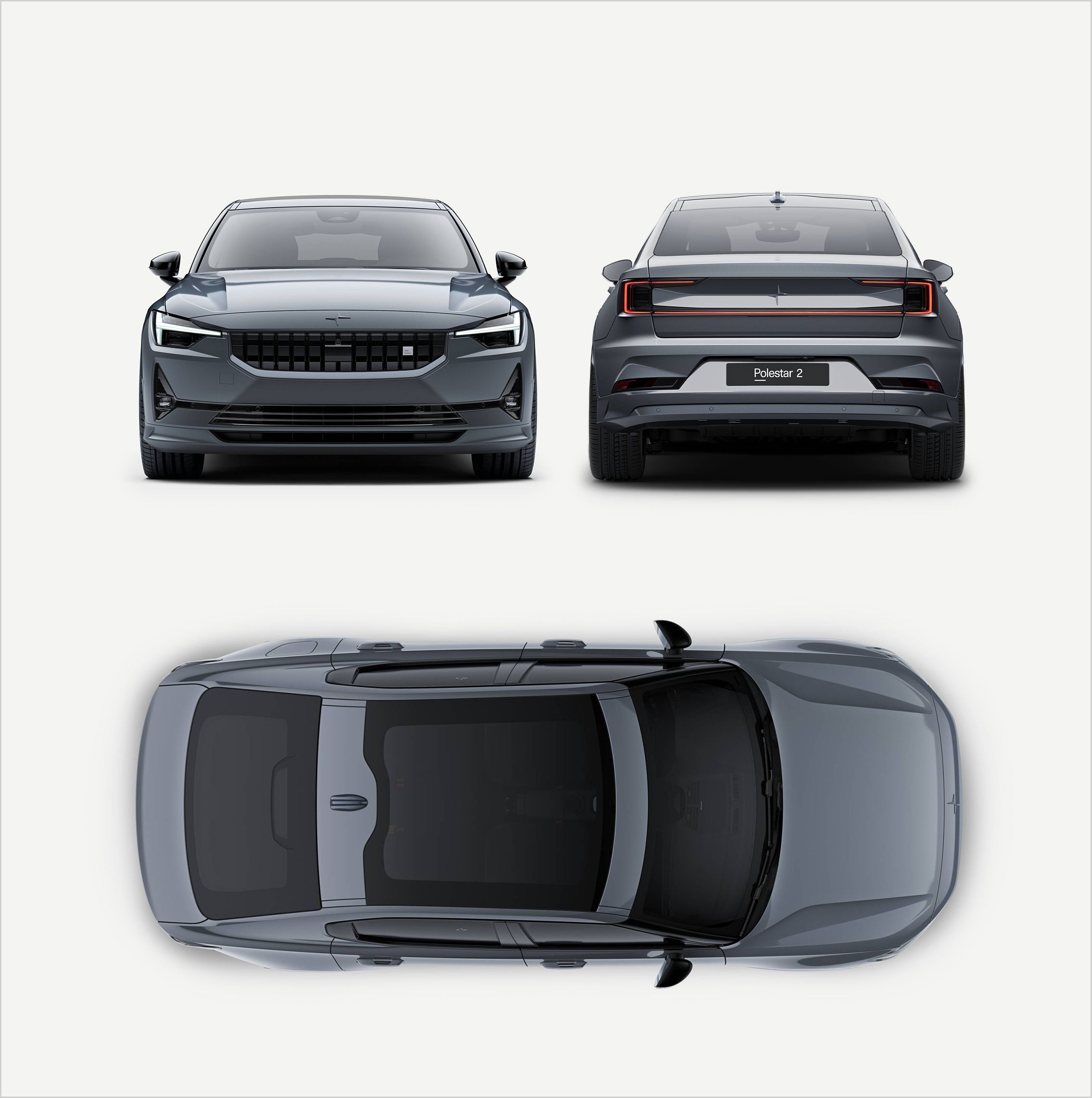 Polestar 2 BST edition 270 in colour Thunder, rear, front and birds eye view