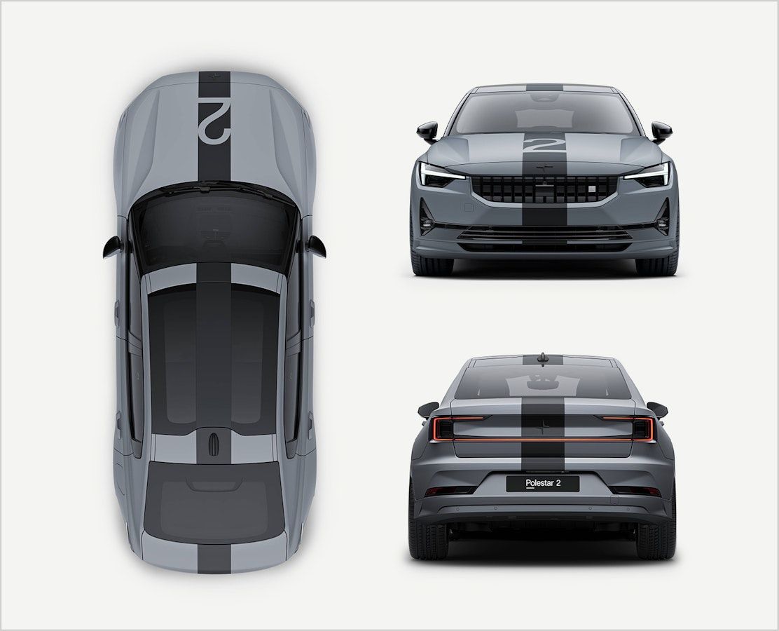 Polestar 2 BST edition 270 in 3M Battleship Gray™ wrap and race stripe adorned, rear, front and birds eye view