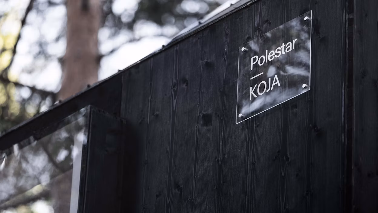 The outside of a treehouse with a nameplate that says "Polestar" and "KOJA".