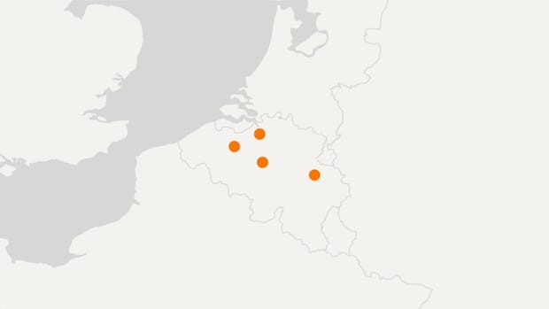 Map of Belgium with Polestar locations indicated as orange dots