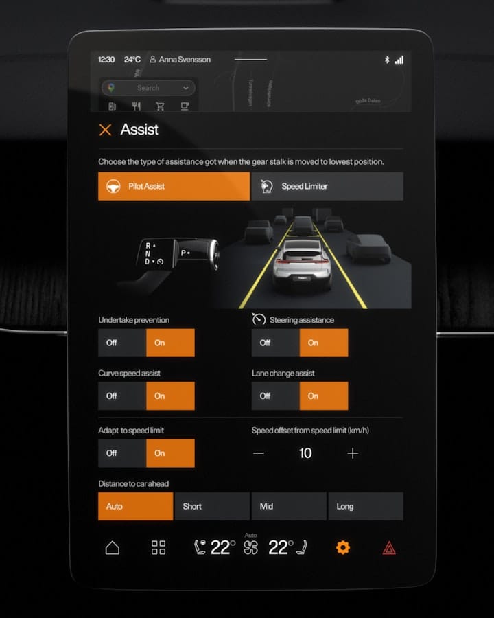 The Assist screen allows the driver to control advanced features such as Pilot Assist. 
