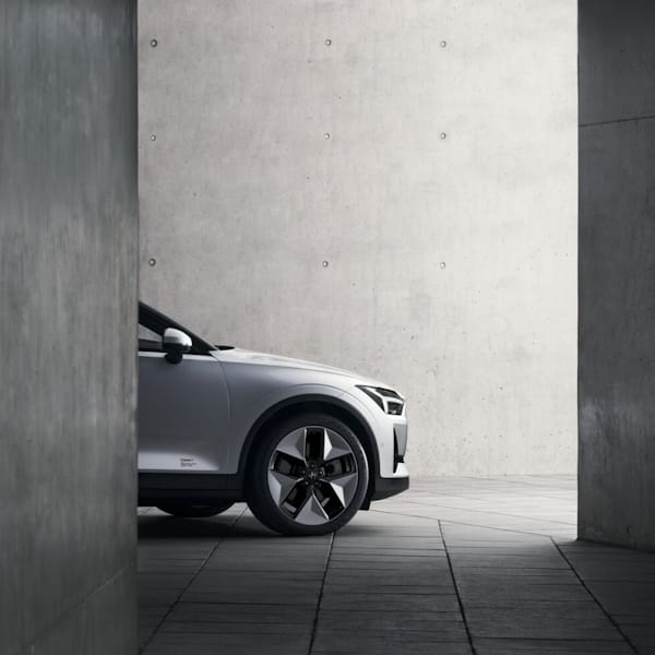 Polestar 3 front wheel close up in a concrete building