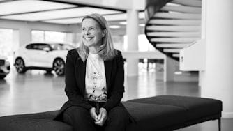 Pia Meyer sitting on a bench at Polestar HQ