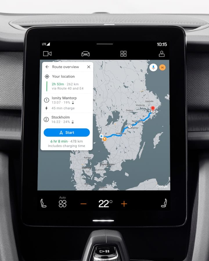 Tablet showing Google maps can communicate with the car's systems to check the battery status.