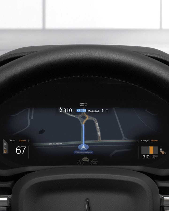 La modalità Navigation mostra la mappa del percorso corrente e le indicazioni stradali.