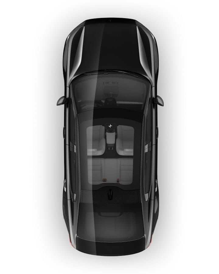 The Polestar 2 from above showing the optional full-length panoramic roof