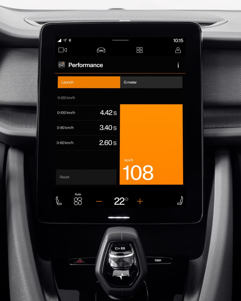 A big tablet in the middle of the dashboard showing the performance of the car.