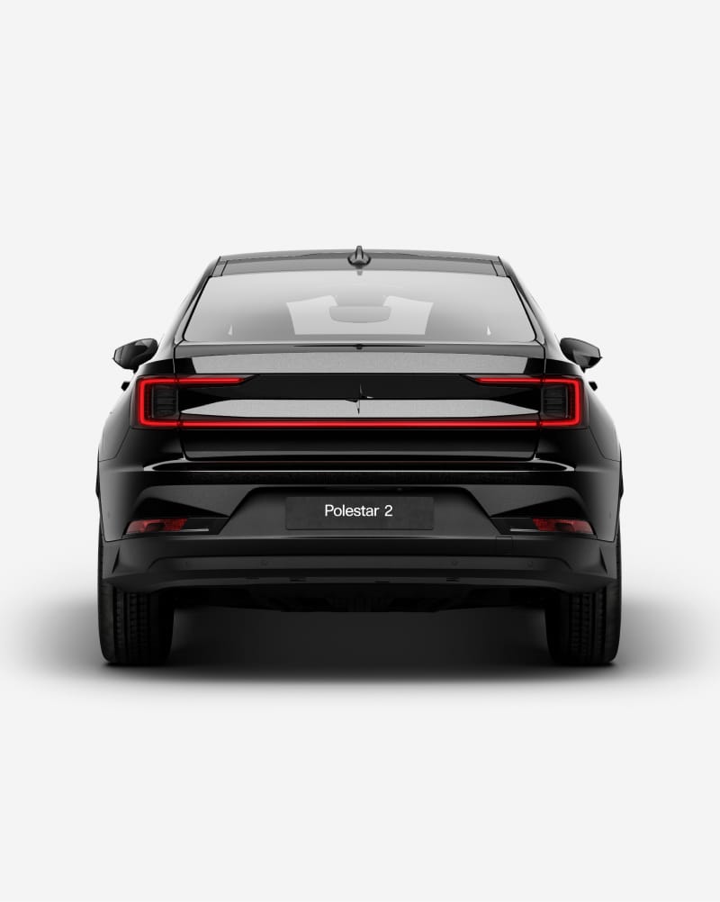 Black Polestar 2 shown from behind, tinted window