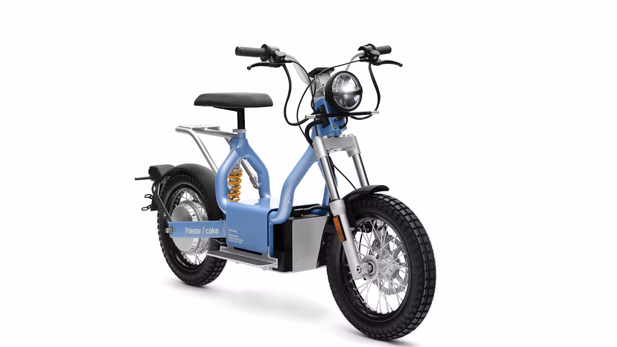 Light blue Polestar Cake bike on a white background.