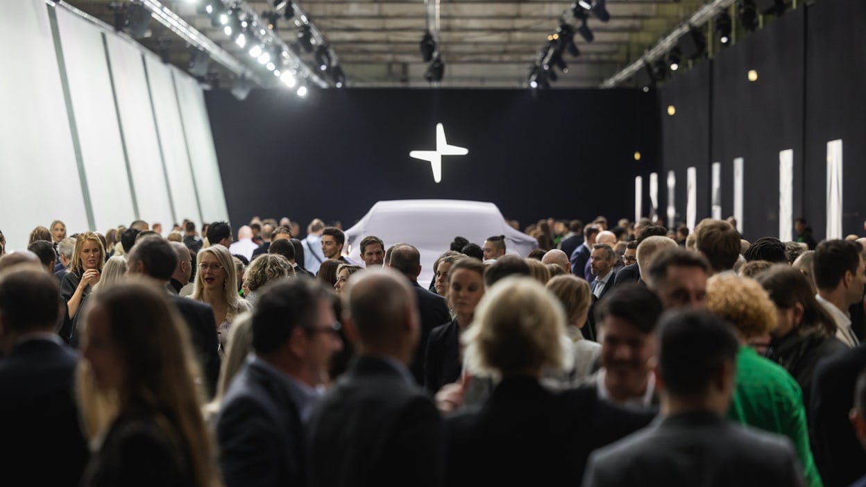Large crowd of people gathered in the Polestar space at the bell-ringing ceremony in New York.