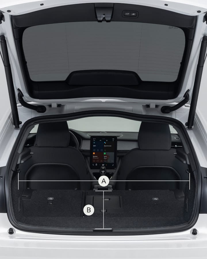 Bei heruntergeklappten Sitzen misst der Kofferraum 982 mm (A) auf 1776 mm (B) bei einer Kapazität von 1095 Litern.