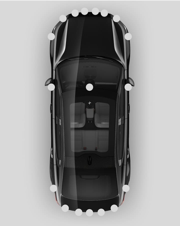 Polestar 2 shown from above with white dots marking where radars and sensors are being places.