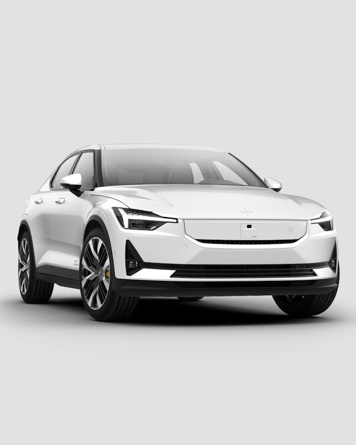 A white Polestar 2 is shown obliquely from the front, headlights on