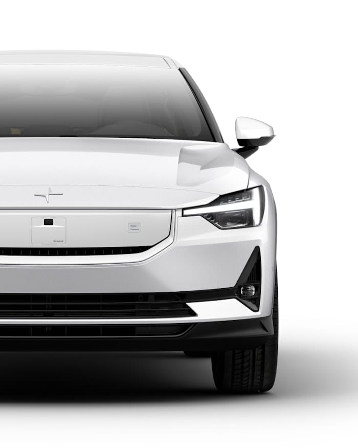 A front view of the Polestar 2 with a white exterior.