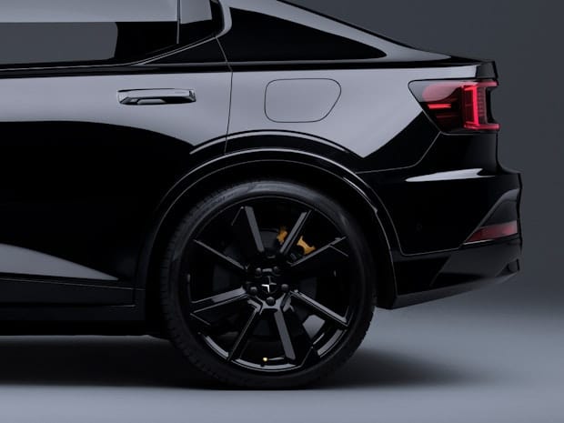Black Polestar BST 230 21 inch wheels, showing from the side of the car
